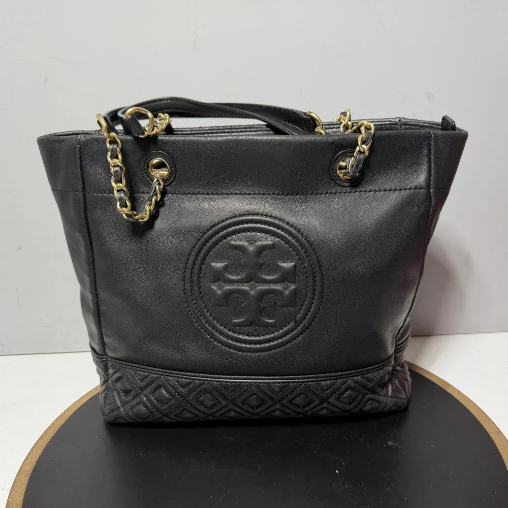 Tory Burch Tote Bag Womens Large Black Leather Chain Strap Purse Quilted Logo